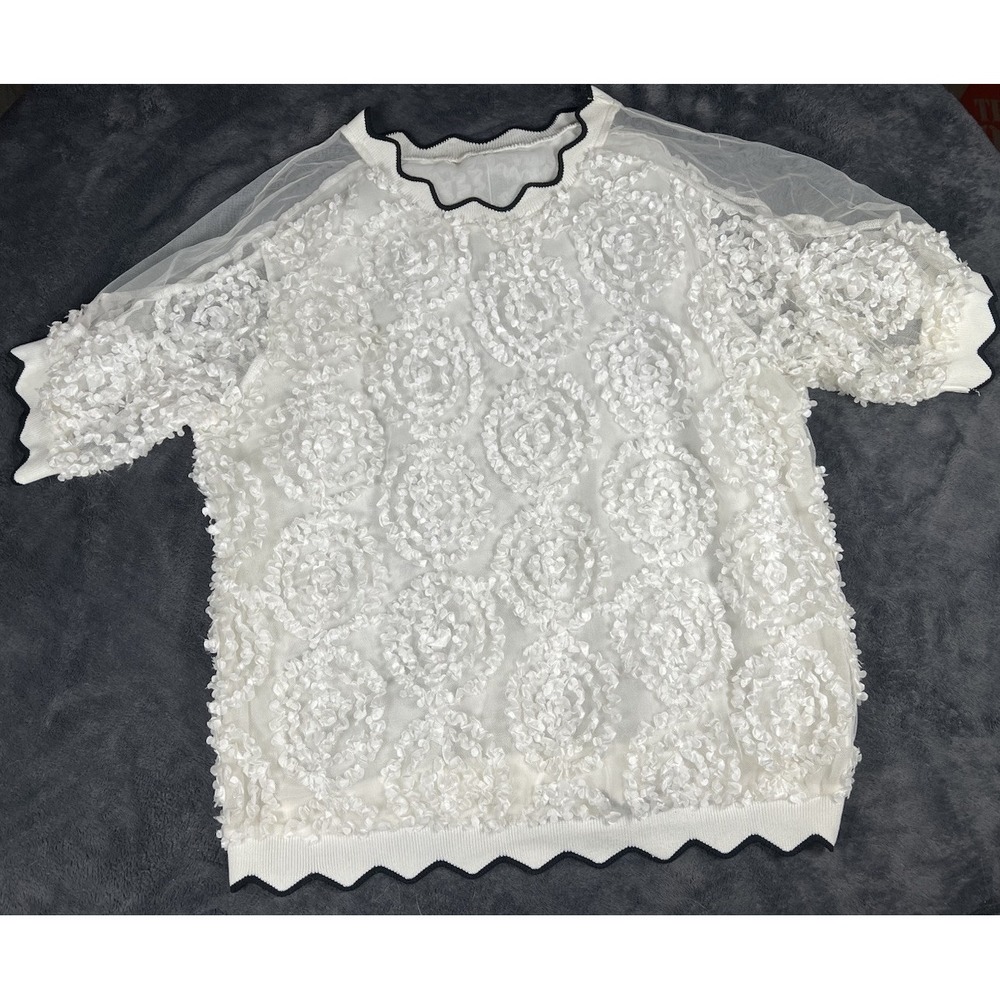 Cream Sheer Rosette Top with Black Embrodiered Lining Women's Size S